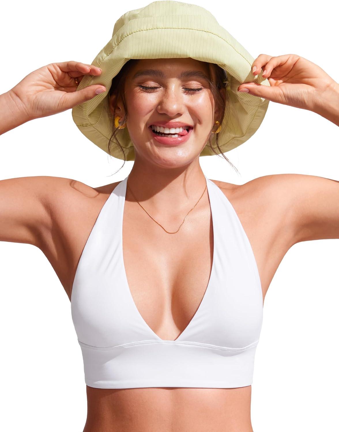 imageCRZ YOGA Womens Halter Bikini Tops V Neck Swim Bathing Suit Sexy Backless Swimsuit PaddedWhite