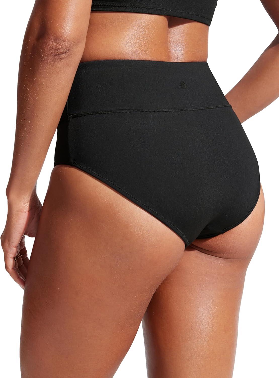 imageCRZ YOGA Womens High Waisted Bikini Bottom Full Coverage Tummy Control Bathing Suit Wide Waistband Swimsuit Swim BriefsBlack