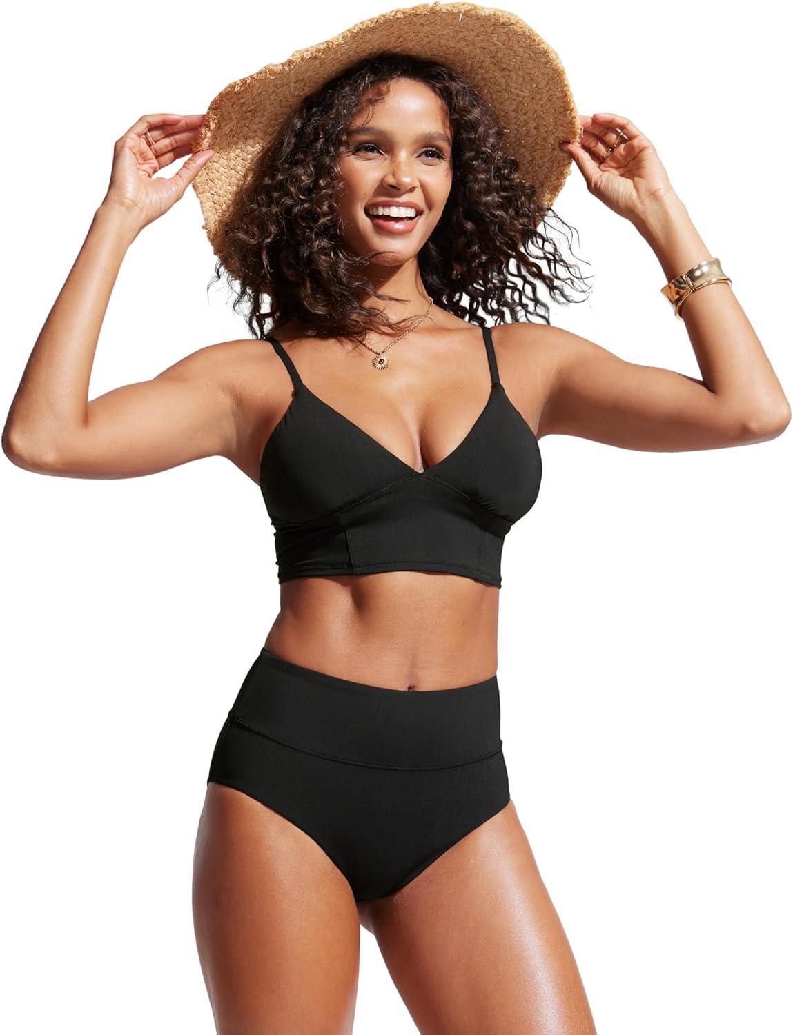 imageCRZ YOGA Womens High Waisted Bikini Bottom Full Coverage Tummy Control Bathing Suit Wide Waistband Swimsuit Swim BriefsBlack