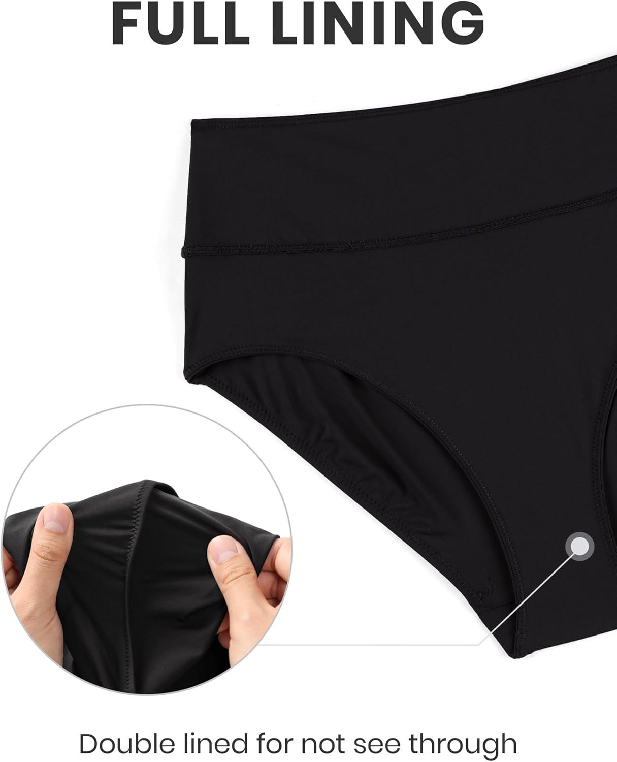 imageCRZ YOGA Womens High Waisted Bikini Bottom Full Coverage Tummy Control Bathing Suit Wide Waistband Swimsuit Swim BriefsBlack