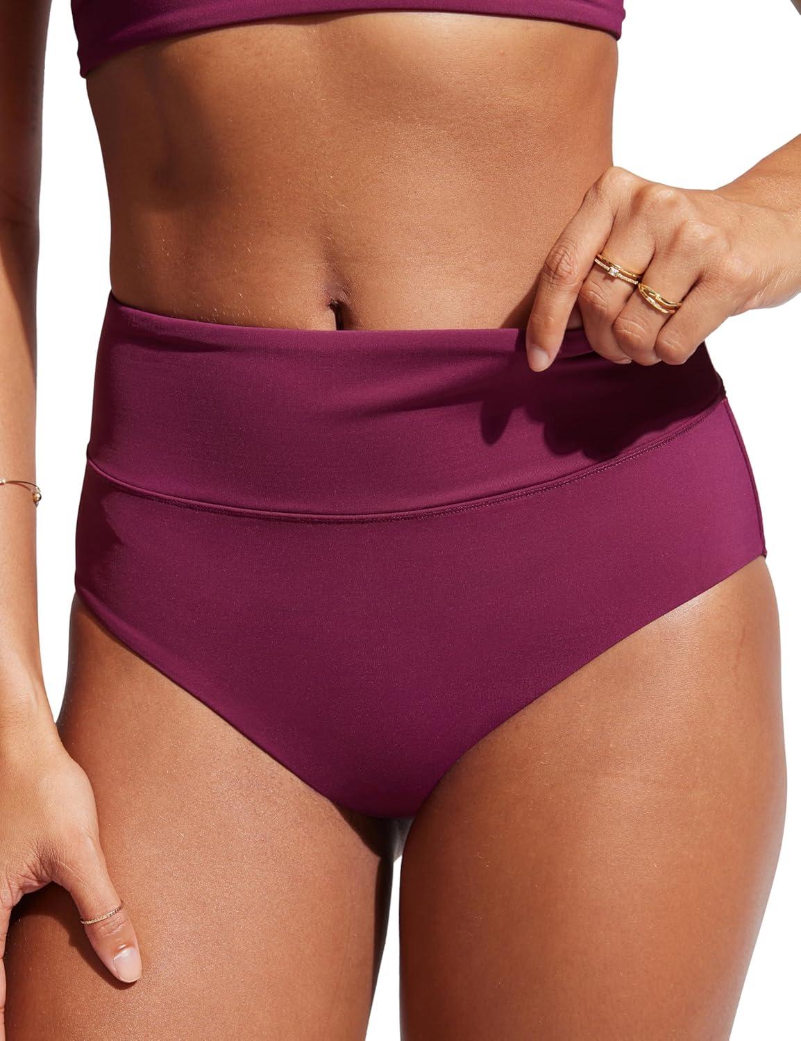 imageCRZ YOGA Womens High Waisted Bikini Bottom Full Coverage Tummy Control Bathing Suit Wide Waistband Swimsuit Swim BriefsFuchsia