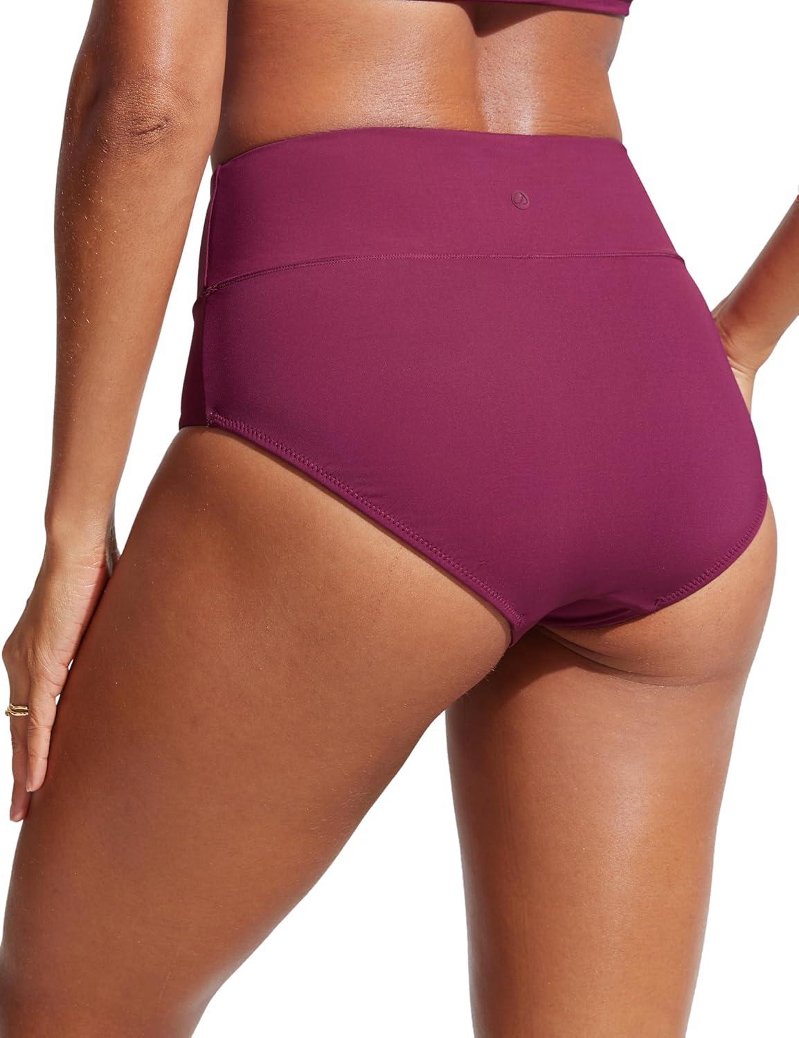imageCRZ YOGA Womens High Waisted Bikini Bottom Full Coverage Tummy Control Bathing Suit Wide Waistband Swimsuit Swim BriefsFuchsia