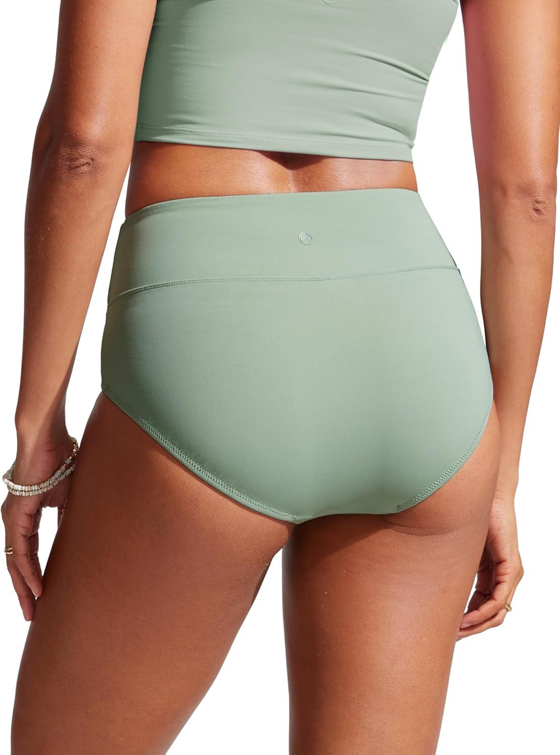 imageCRZ YOGA Womens High Waisted Bikini Bottom Full Coverage Tummy Control Bathing Suit Wide Waistband Swimsuit Swim BriefsGreen Palm Court