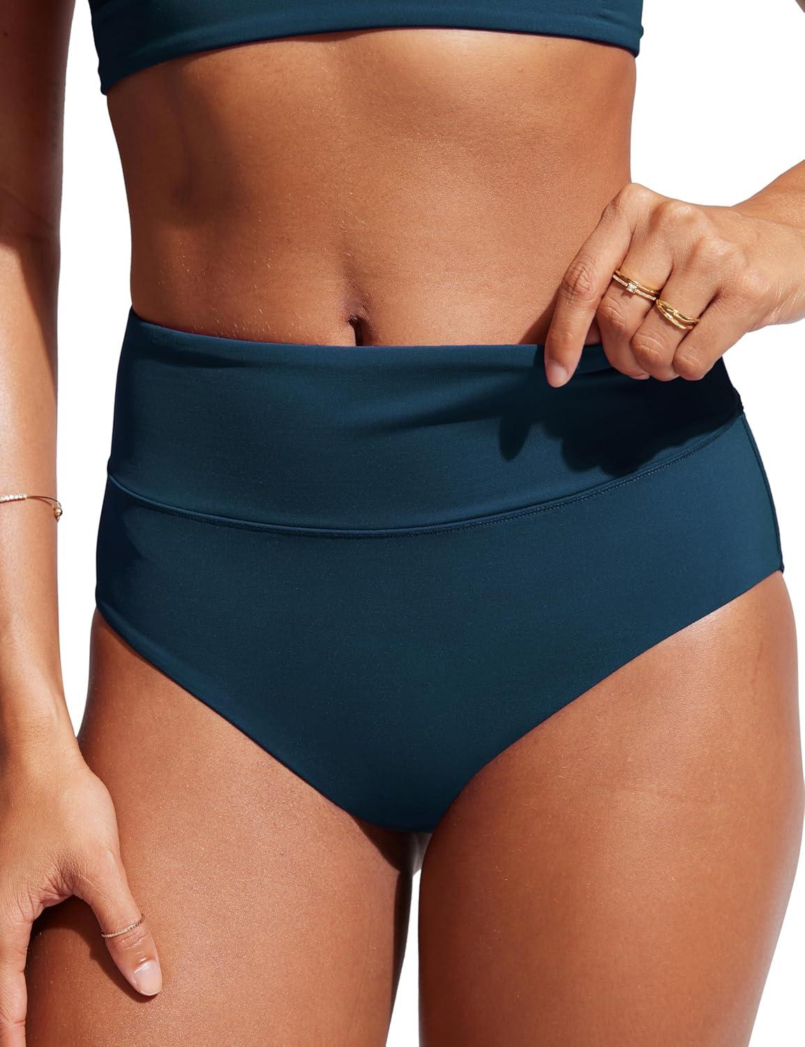 imageCRZ YOGA Womens High Waisted Bikini Bottom Full Coverage Tummy Control Bathing Suit Wide Waistband Swimsuit Swim BriefsInsignia Blue