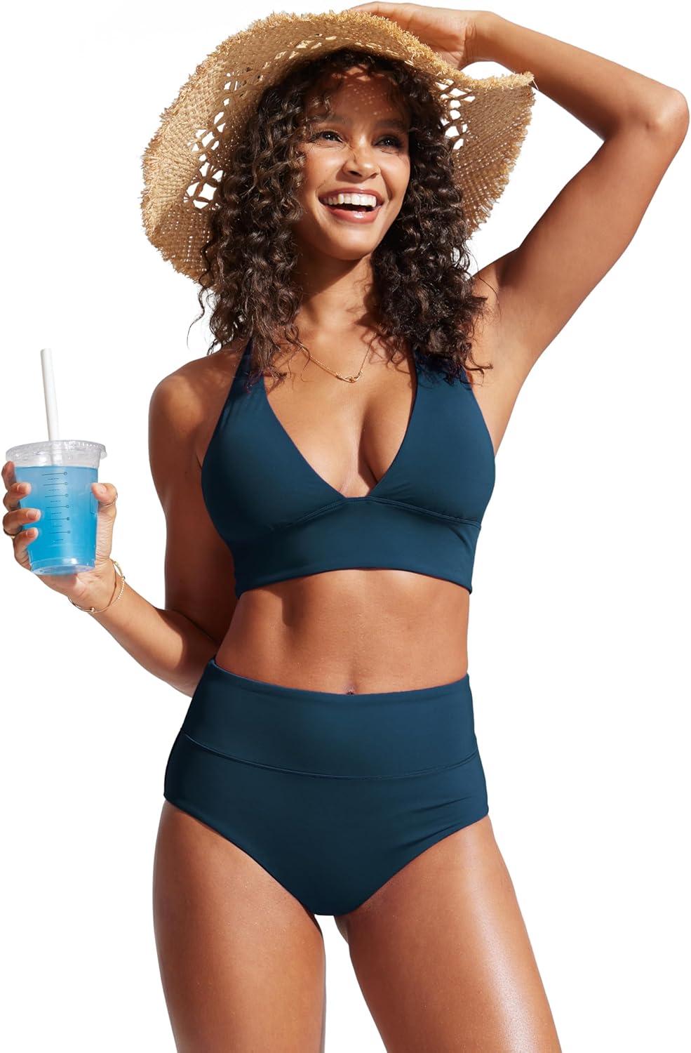 imageCRZ YOGA Womens High Waisted Bikini Bottom Full Coverage Tummy Control Bathing Suit Wide Waistband Swimsuit Swim BriefsInsignia Blue