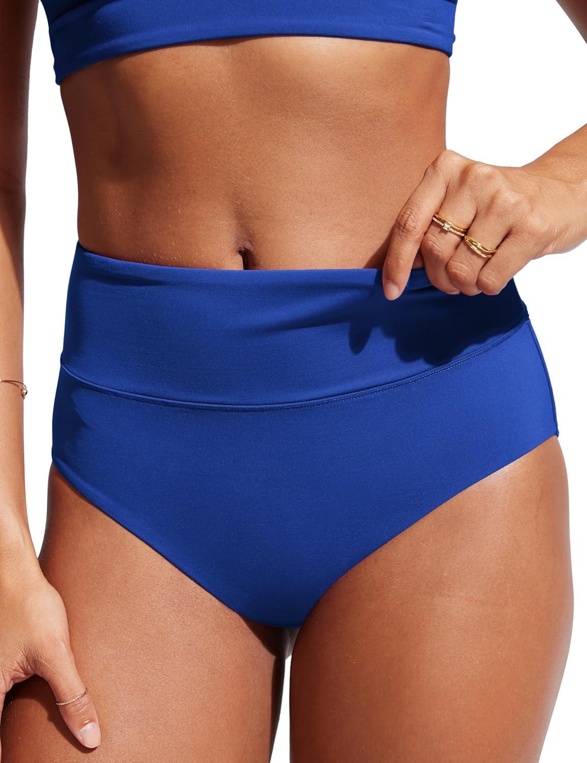 imageCRZ YOGA Womens High Waisted Bikini Bottom Full Coverage Tummy Control Bathing Suit Wide Waistband Swimsuit Swim BriefsWaves Blue