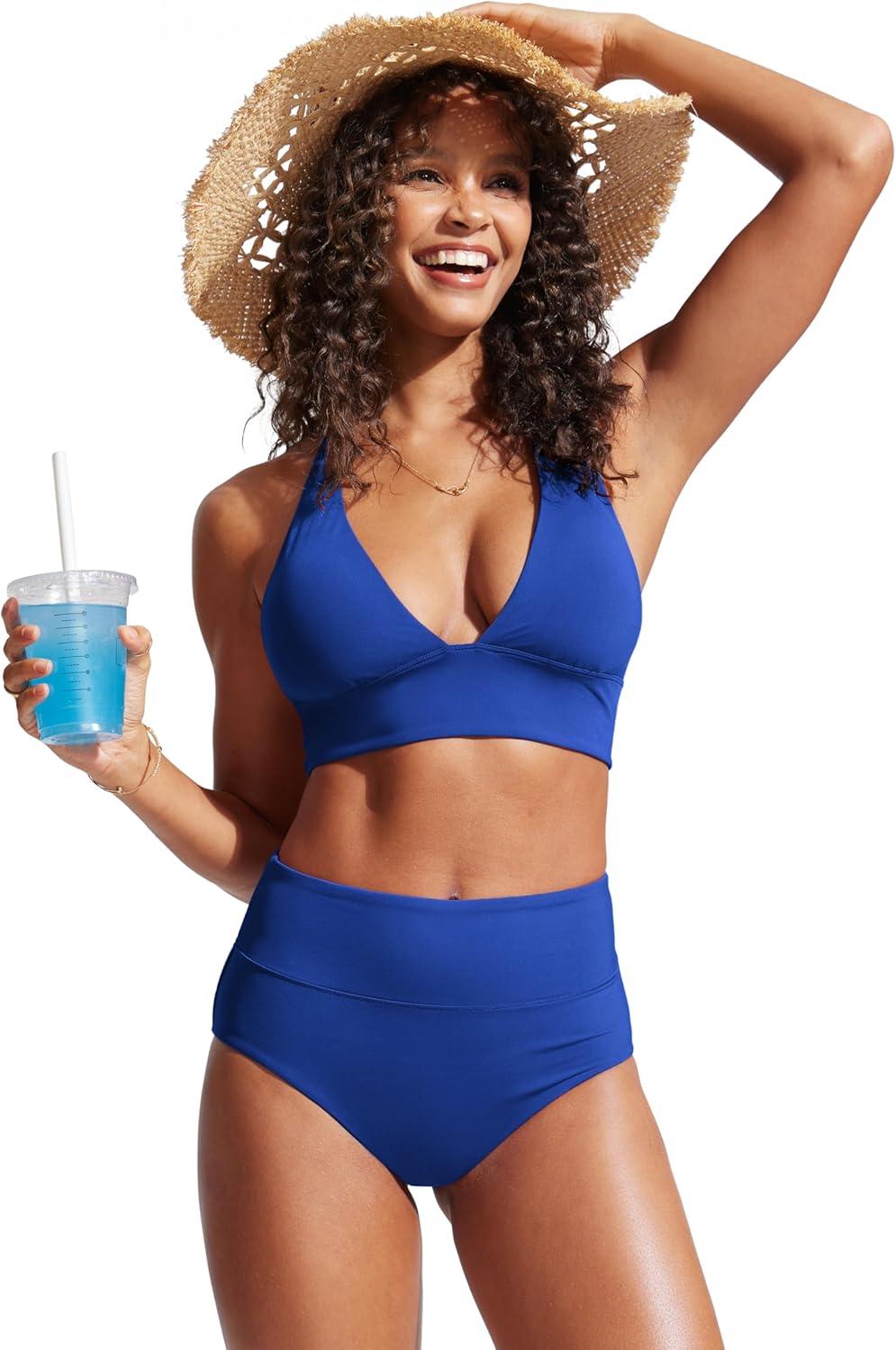 imageCRZ YOGA Womens High Waisted Bikini Bottom Full Coverage Tummy Control Bathing Suit Wide Waistband Swimsuit Swim BriefsWaves Blue