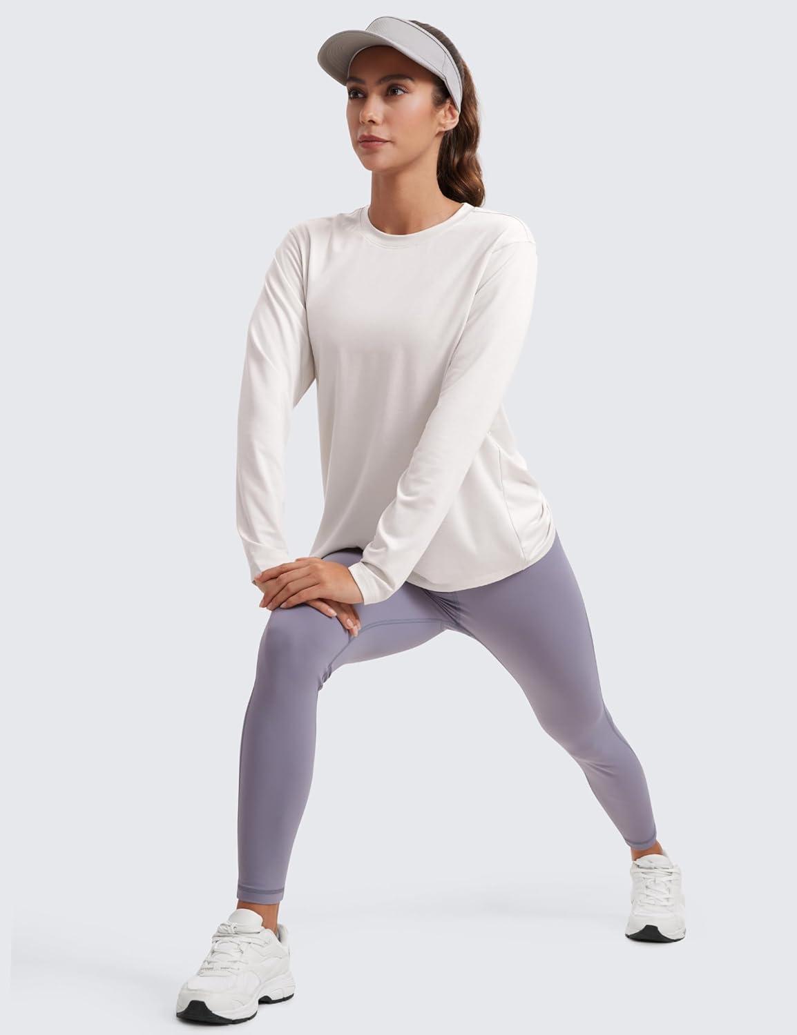 imageCRZ YOGA Womens Long Sleeve Tops High Crew Neck Casual Fall Shirts Basic Quick Dry Workout Athletic TShirtMilky White
