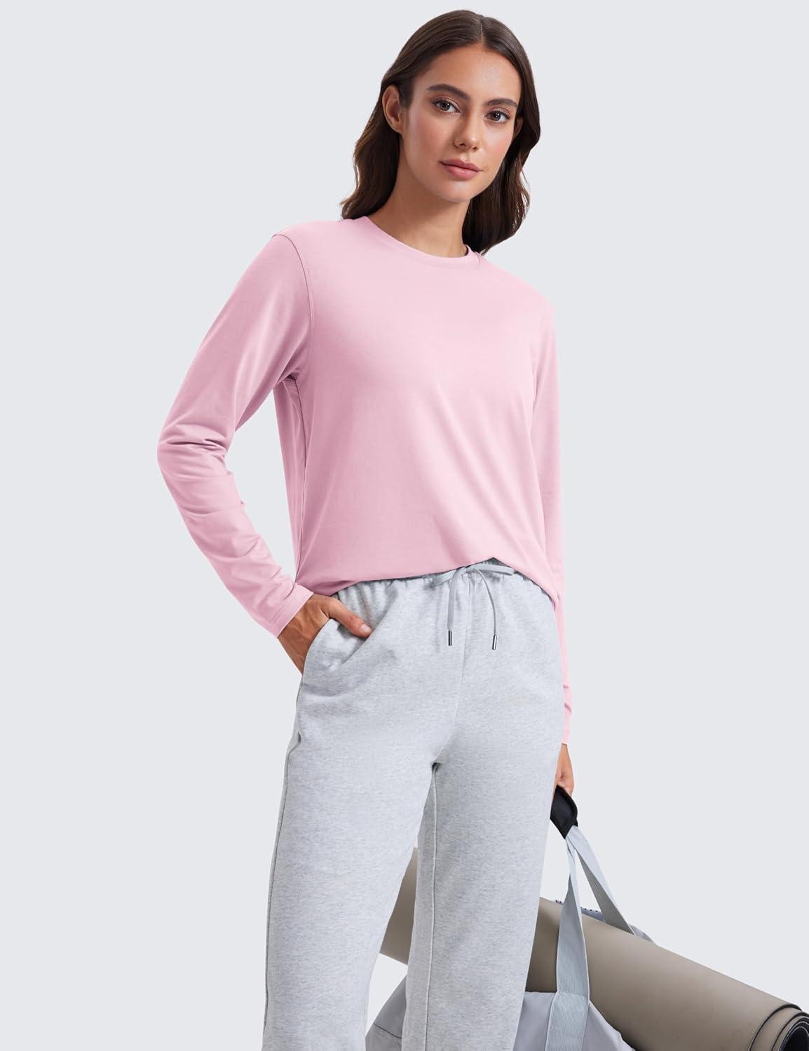 imageCRZ YOGA Womens Long Sleeve Tops High Crew Neck Casual Fall Shirts Basic Quick Dry Workout Athletic TShirtPink Peony