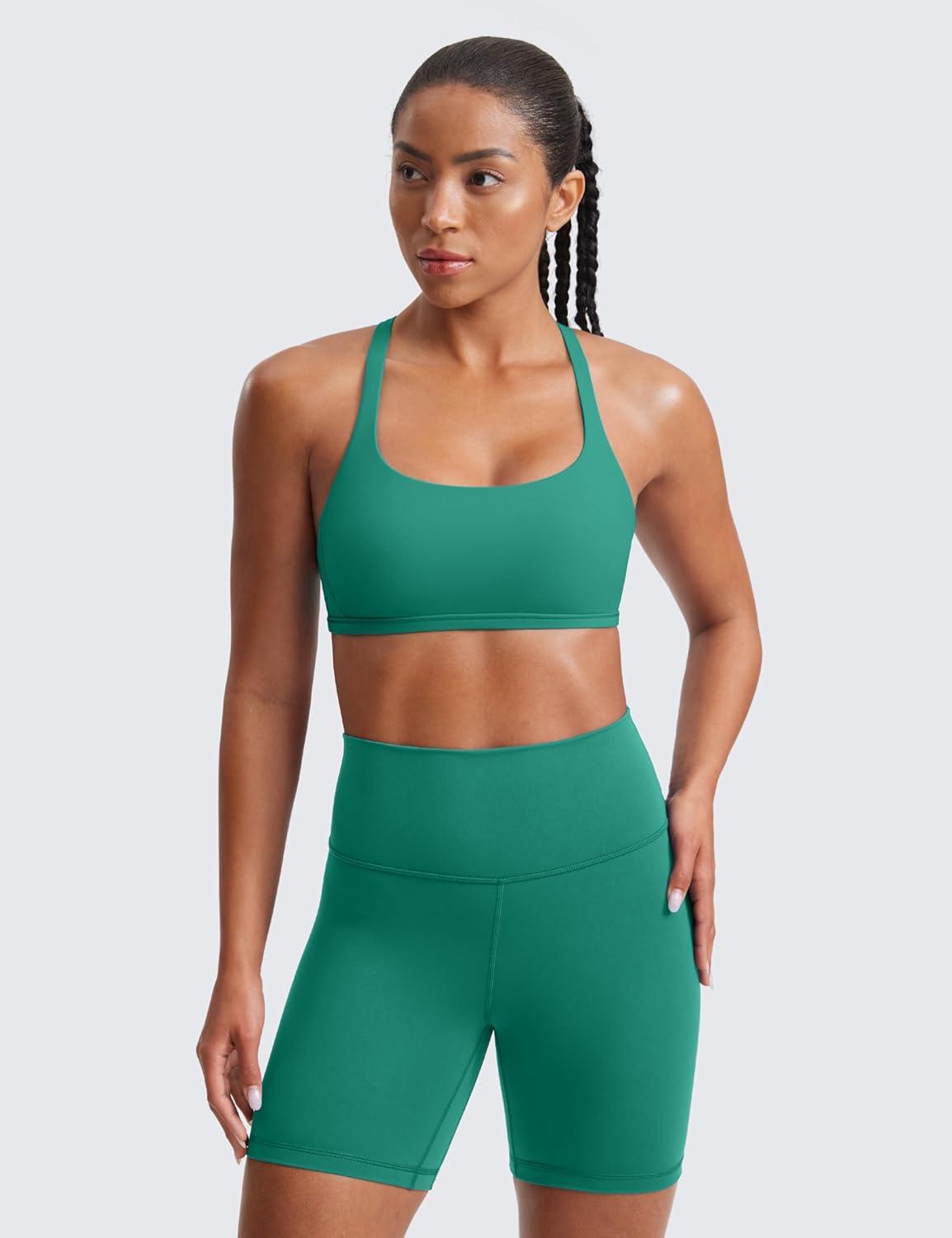 imageCRZ YOGA Womens Naked Feeling Criss Cross Sports Bra Strappy Back Padded Medium Support Wireless Gym Cami Workout YogaCascadia Green