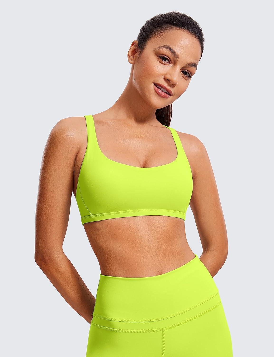 imageCRZ YOGA Womens Naked Feeling Criss Cross Sports Bra Strappy Back Padded Medium Support Wireless Gym Cami Workout YogaChartreuse