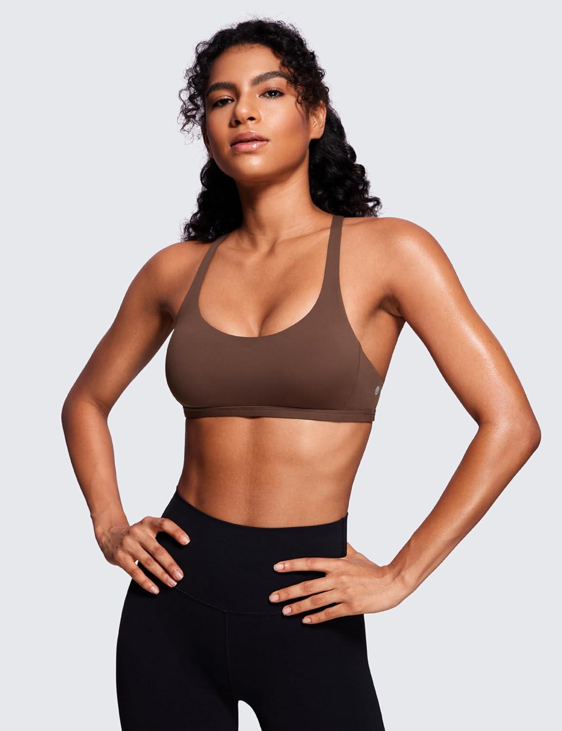 imageCRZ YOGA Womens Naked Feeling Criss Cross Sports Bra Strappy Back Padded Medium Support Wireless Gym Cami Workout YogaCoffee Brown