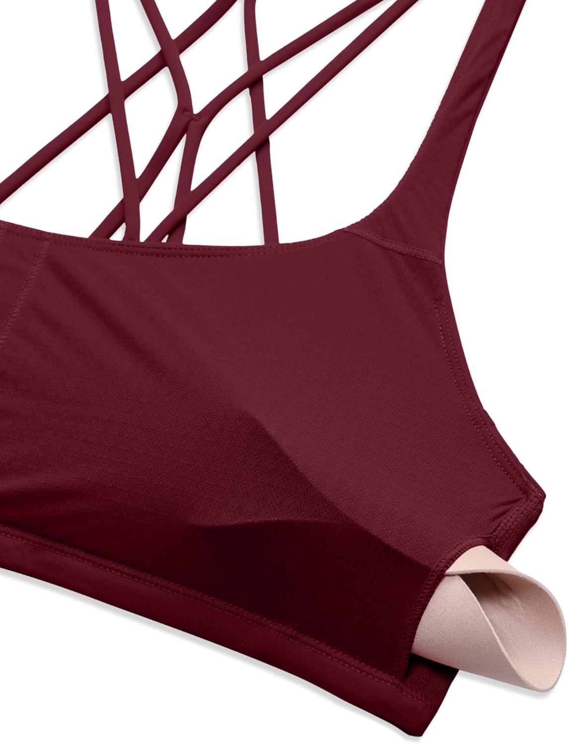 imageCRZ YOGA Womens Naked Feeling Criss Cross Sports Bra Strappy Back Padded Medium Support Wireless Gym Cami Workout YogaRed Merlot