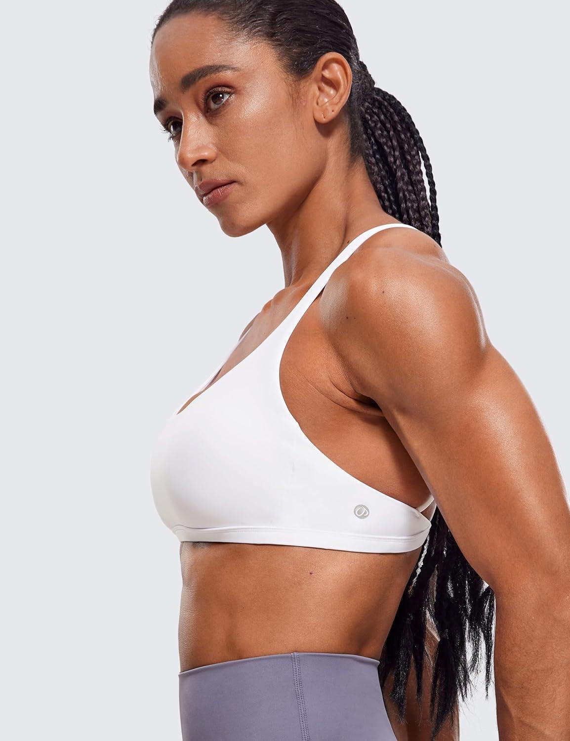 imageCRZ YOGA Womens Naked Feeling Criss Cross Sports Bra Strappy Back Padded Medium Support Wireless Gym Cami Workout YogaWhite