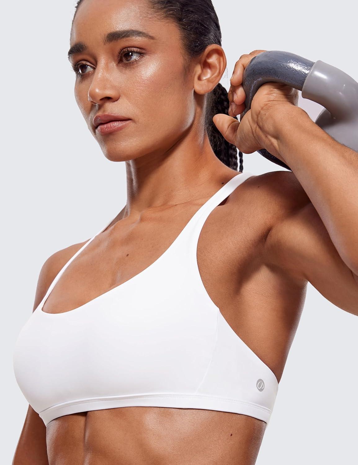 imageCRZ YOGA Womens Naked Feeling Criss Cross Sports Bra Strappy Back Padded Medium Support Wireless Gym Cami Workout YogaWhite