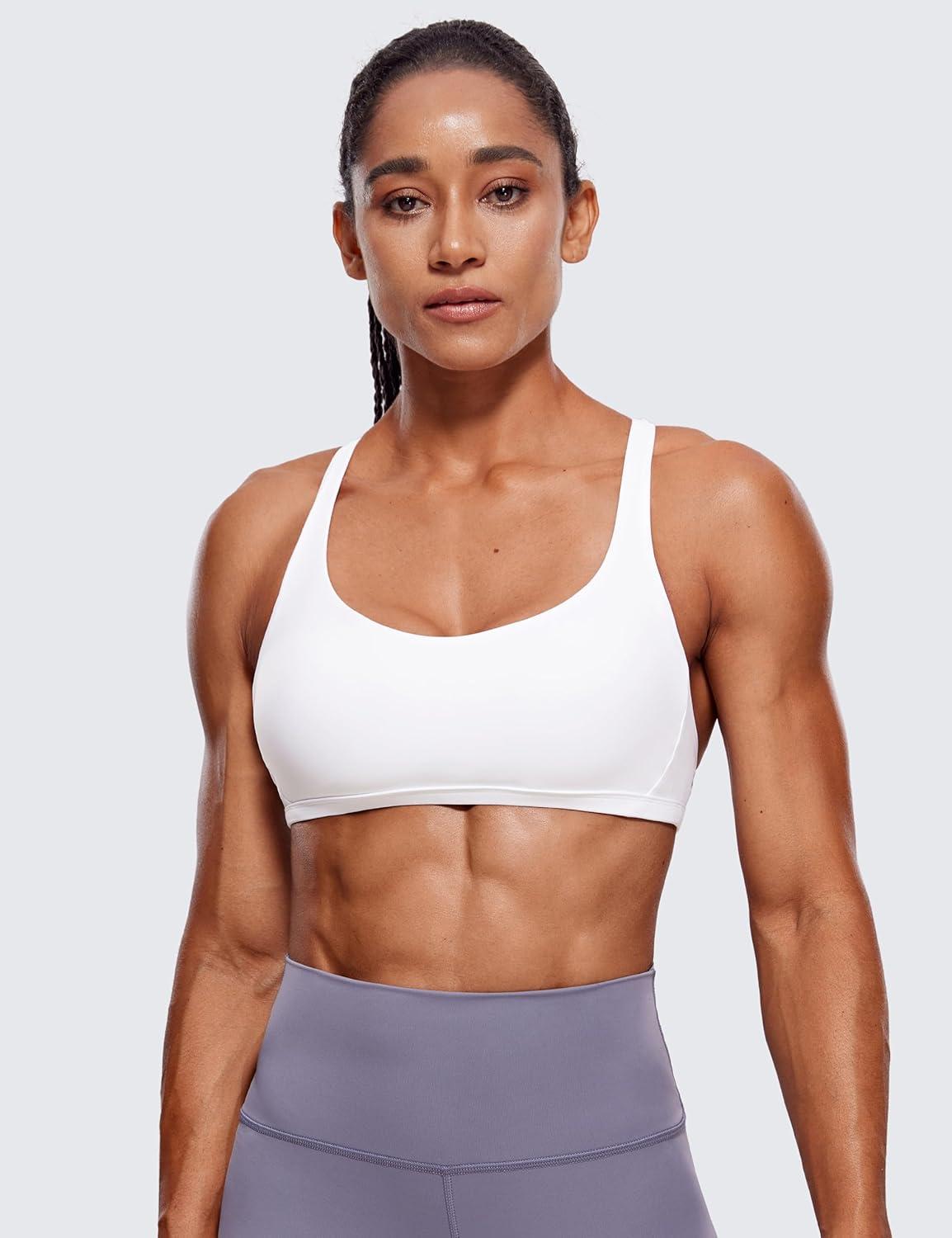 imageCRZ YOGA Womens Naked Feeling Criss Cross Sports Bra Strappy Back Padded Medium Support Wireless Gym Cami Workout YogaWhite