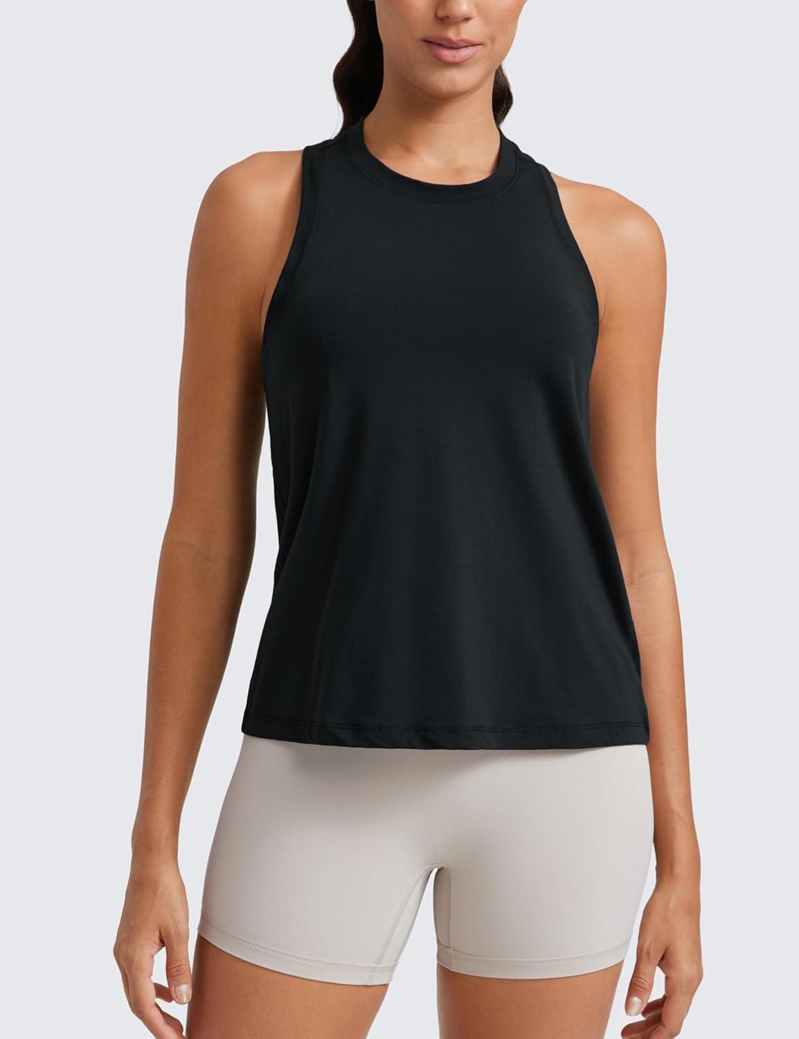 imageCRZ YOGA Womens Pima Cotton High Neck Workout Tank Racerback Athletic Sleeveless Tops Basic Casual Yoga ShirtsBlack