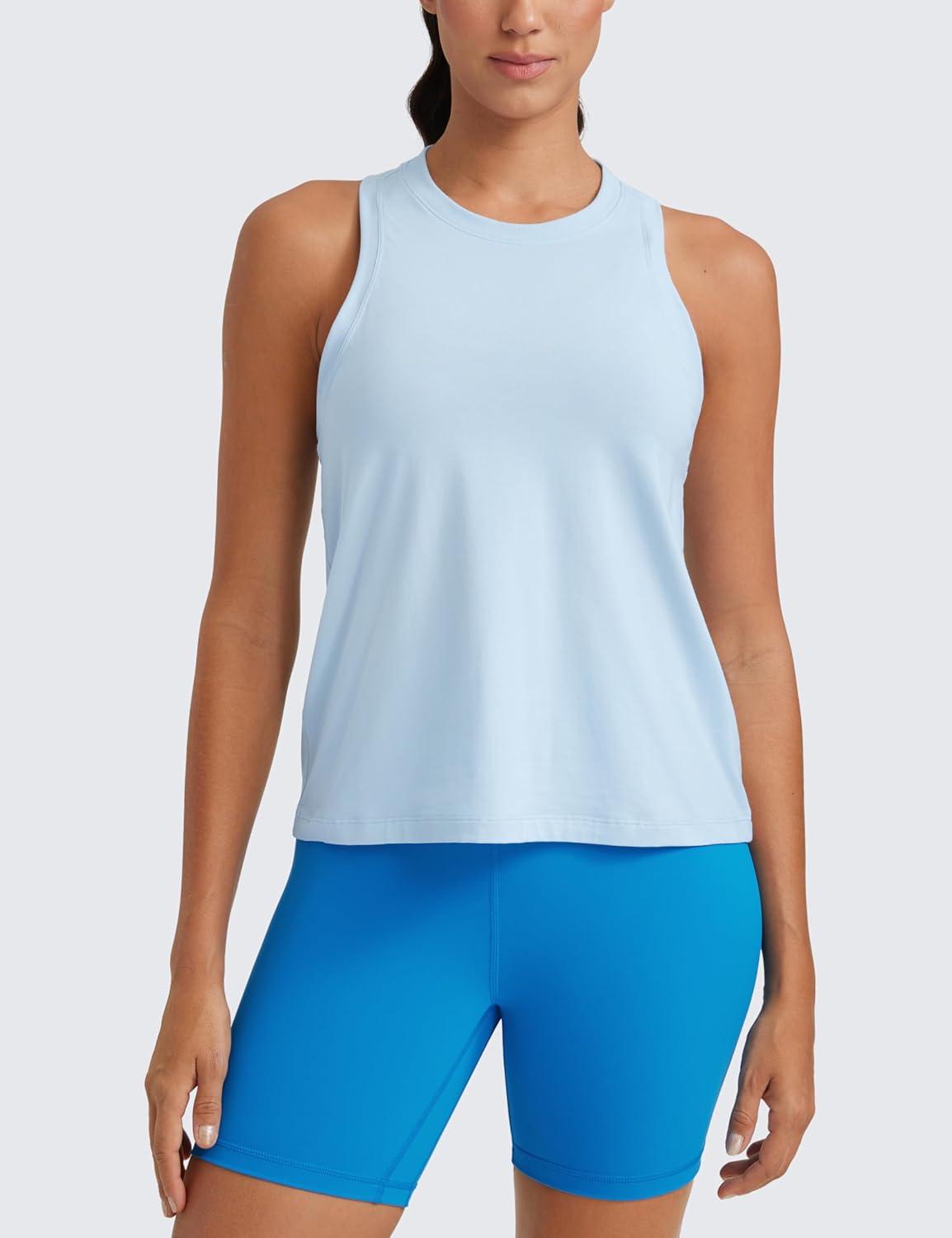 imageCRZ YOGA Womens Pima Cotton High Neck Workout Tank Racerback Athletic Sleeveless Tops Basic Casual Yoga ShirtsBlue Linen