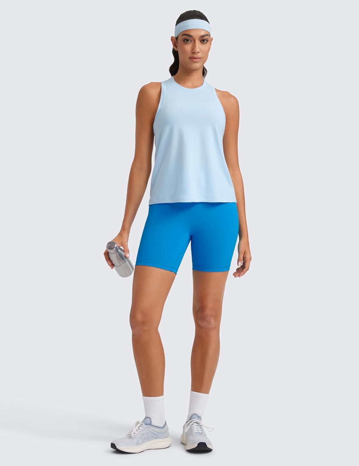 imageCRZ YOGA Womens Pima Cotton High Neck Workout Tank Racerback Athletic Sleeveless Tops Basic Casual Yoga ShirtsBlue Linen