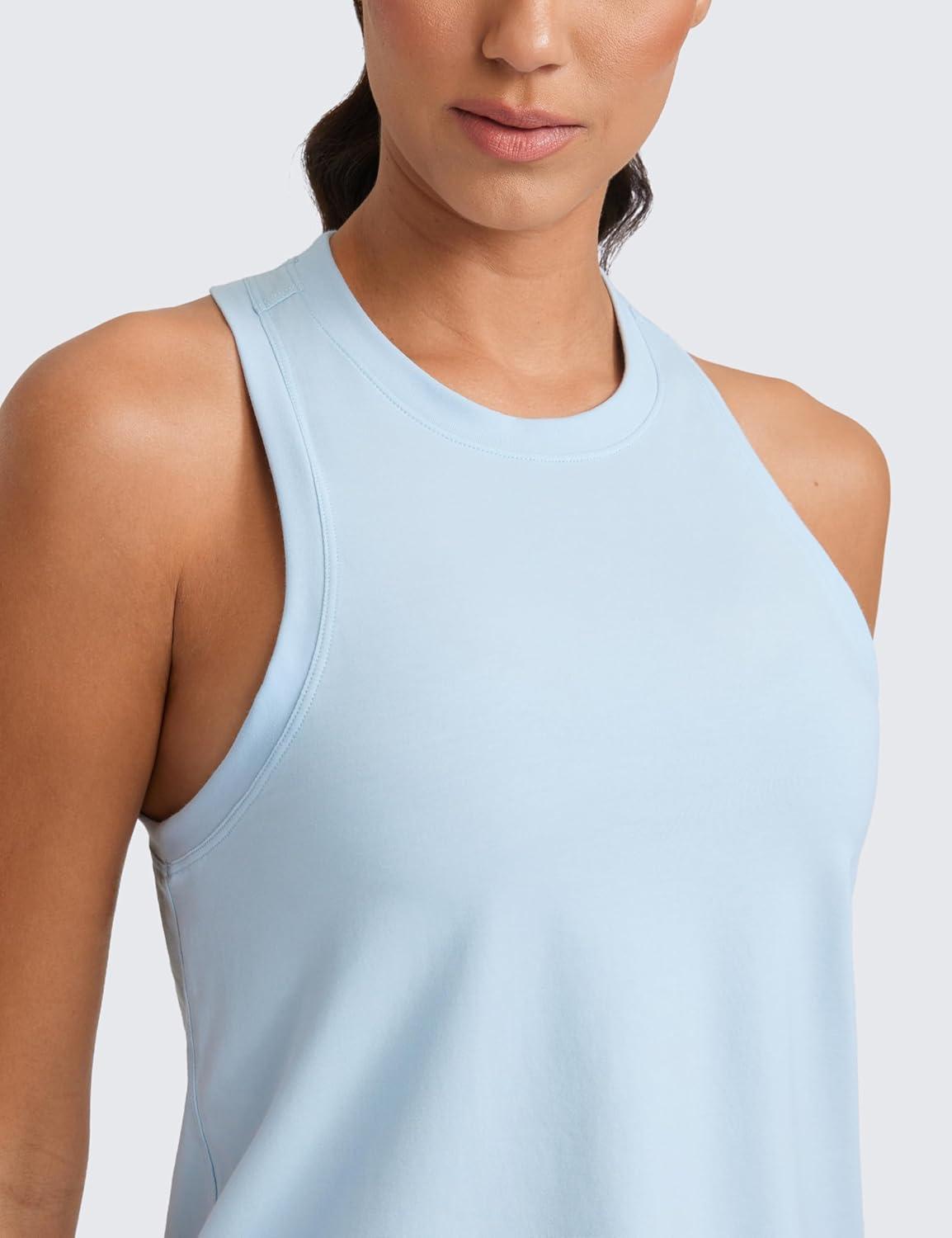 imageCRZ YOGA Womens Pima Cotton High Neck Workout Tank Racerback Athletic Sleeveless Tops Basic Casual Yoga ShirtsBlue Linen