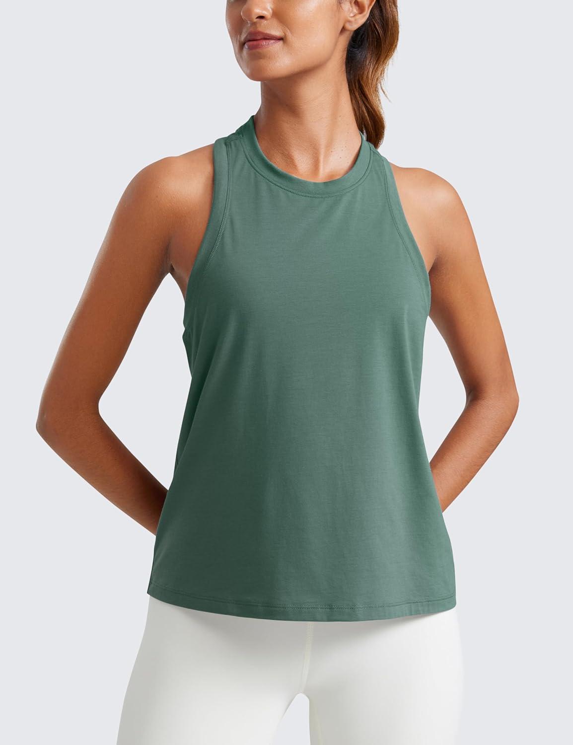 imageCRZ YOGA Womens Pima Cotton High Neck Workout Tank Racerback Athletic Sleeveless Tops Basic Casual Yoga ShirtsGraphite Green