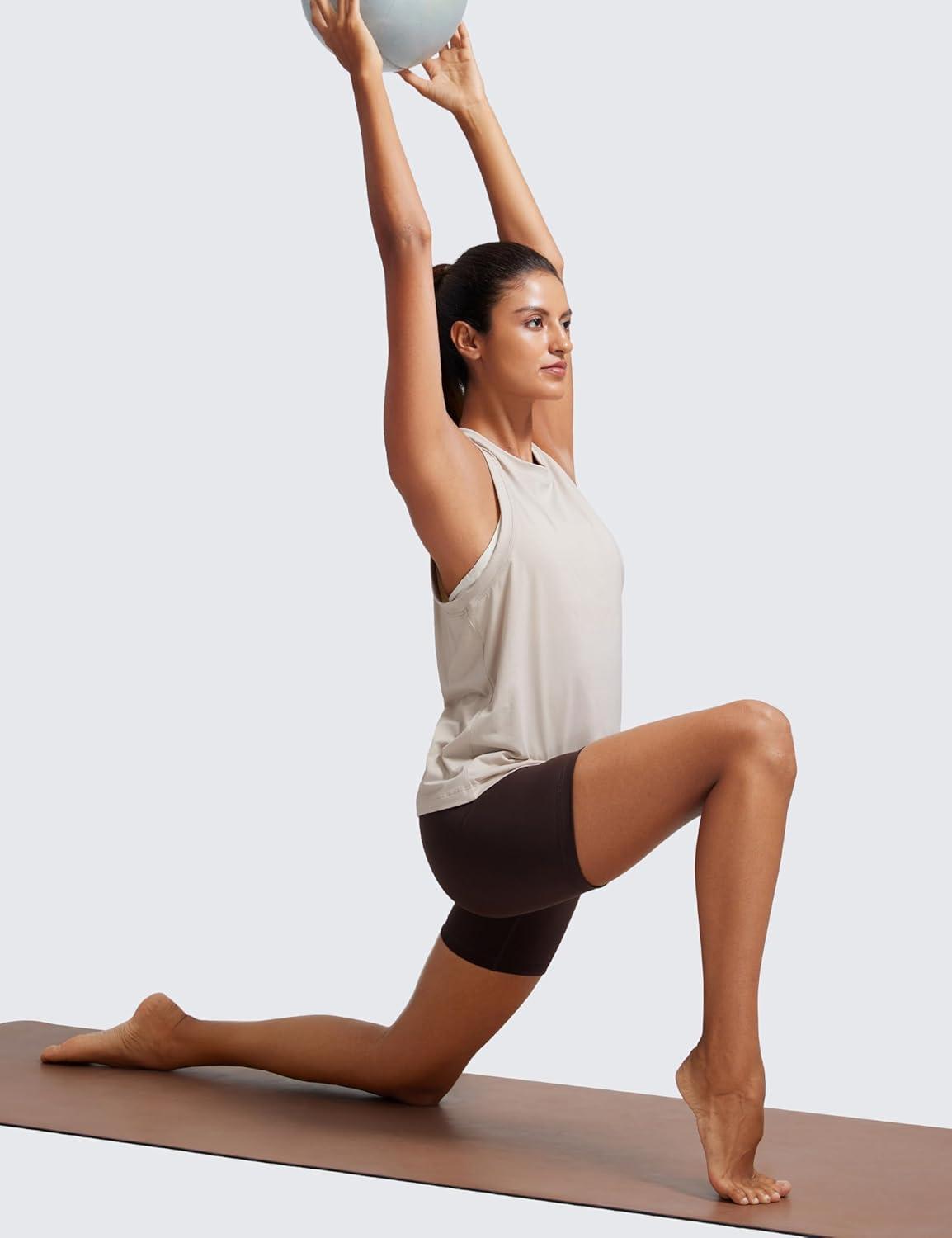 imageCRZ YOGA Womens Pima Cotton High Neck Workout Tank Racerback Athletic Sleeveless Tops Basic Casual Yoga ShirtsMojave Tan