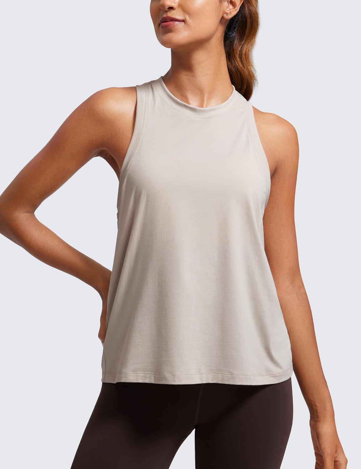 imageCRZ YOGA Womens Pima Cotton High Neck Workout Tank Racerback Athletic Sleeveless Tops Basic Casual Yoga ShirtsMojave Tan