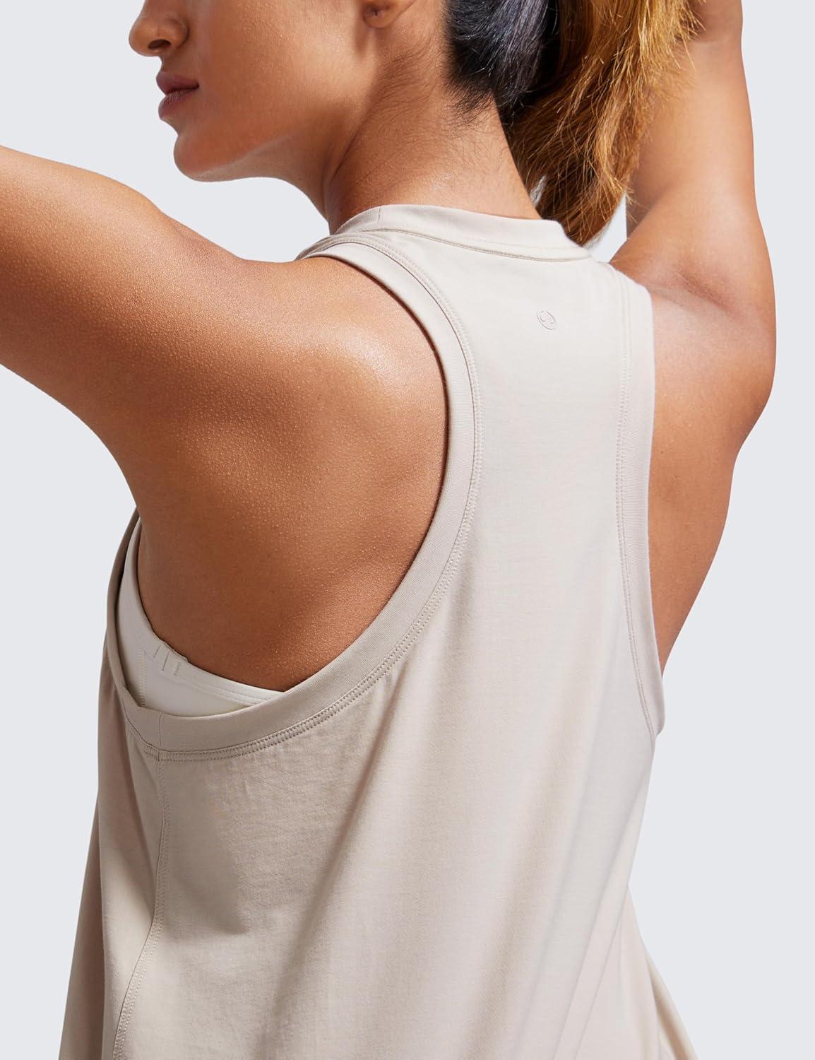 imageCRZ YOGA Womens Pima Cotton High Neck Workout Tank Racerback Athletic Sleeveless Tops Basic Casual Yoga ShirtsMojave Tan