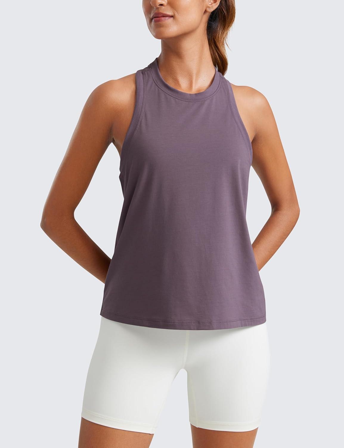 imageCRZ YOGA Womens Pima Cotton High Neck Workout Tank Racerback Athletic Sleeveless Tops Basic Casual Yoga ShirtsPurple Gray