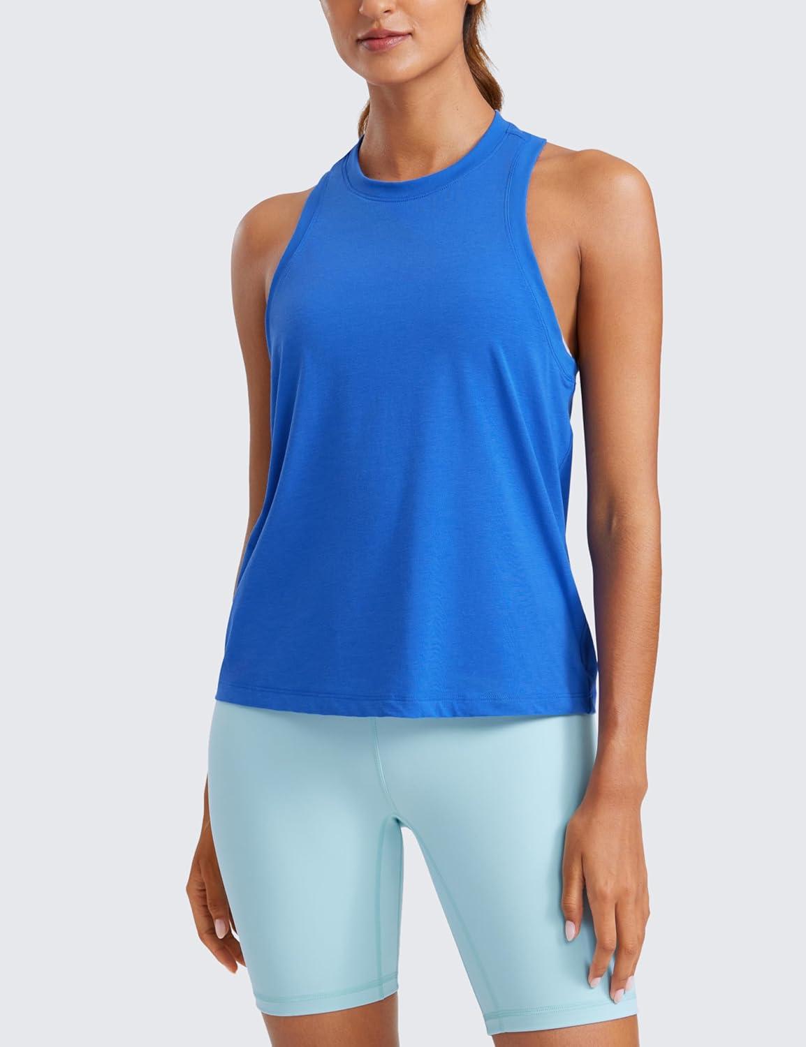 imageCRZ YOGA Womens Pima Cotton High Neck Workout Tank Racerback Athletic Sleeveless Tops Basic Casual Yoga ShirtsStrong Blue