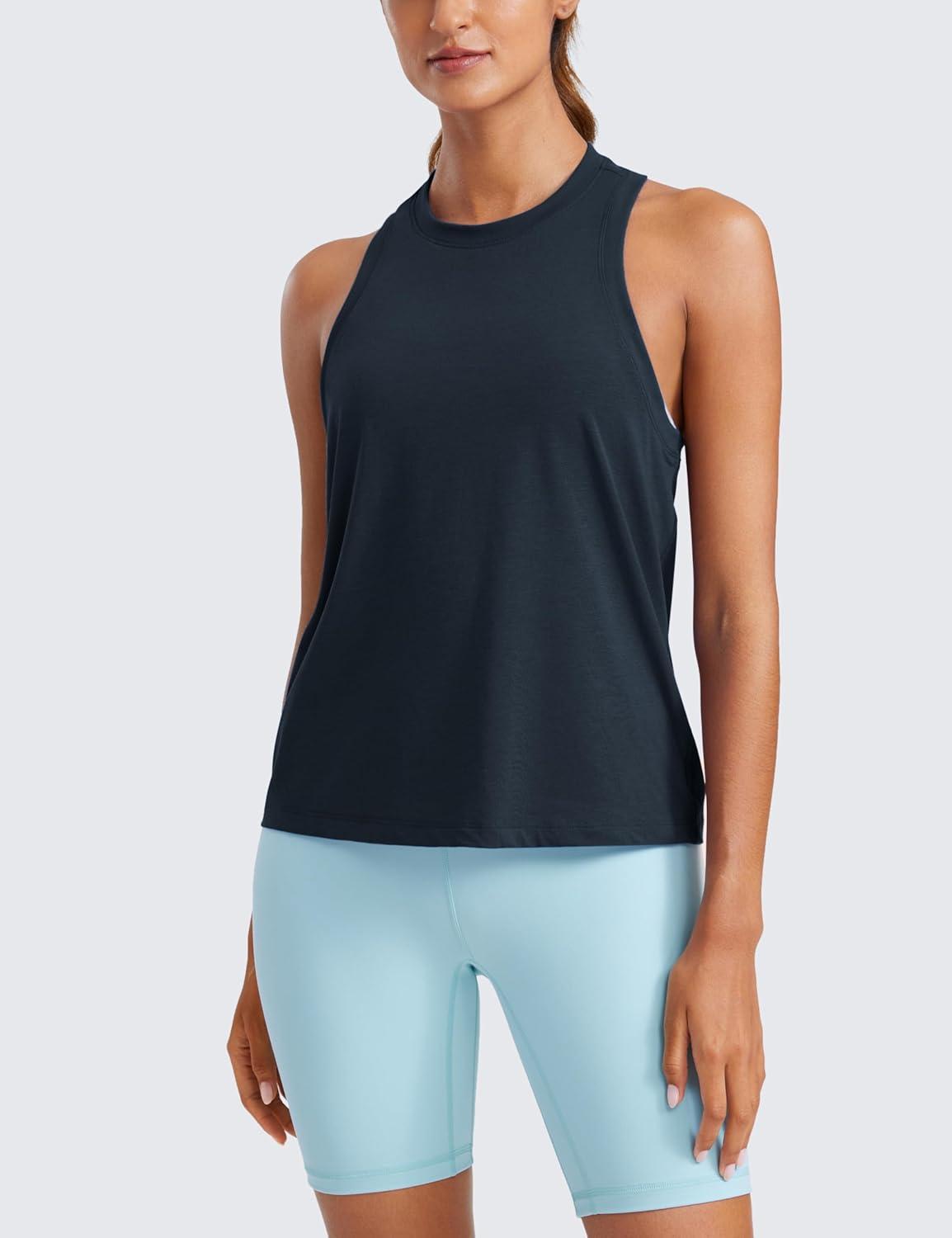 imageCRZ YOGA Womens Pima Cotton High Neck Workout Tank Racerback Athletic Sleeveless Tops Basic Casual Yoga ShirtsTrue Navy