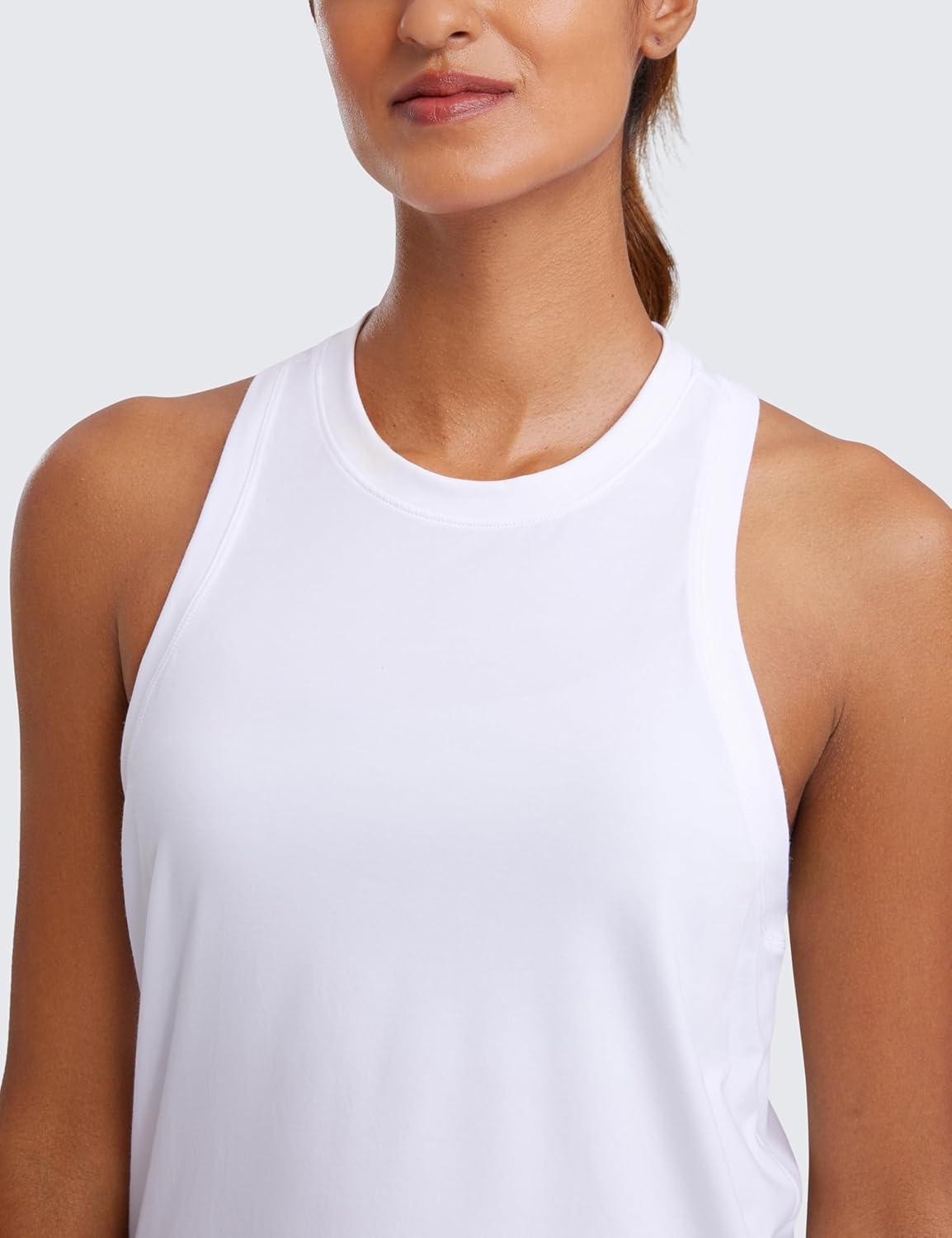 imageCRZ YOGA Womens Pima Cotton High Neck Workout Tank Racerback Athletic Sleeveless Tops Basic Casual Yoga ShirtsWhite