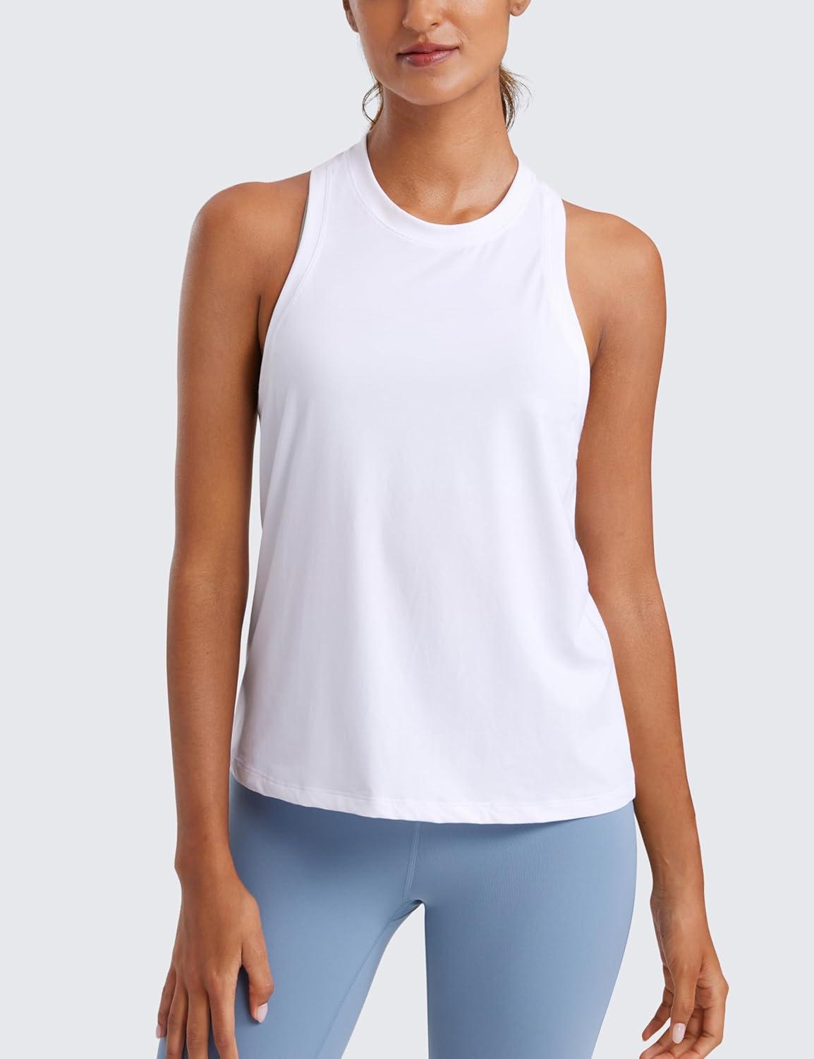 imageCRZ YOGA Womens Pima Cotton High Neck Workout Tank Racerback Athletic Sleeveless Tops Basic Casual Yoga ShirtsWhite