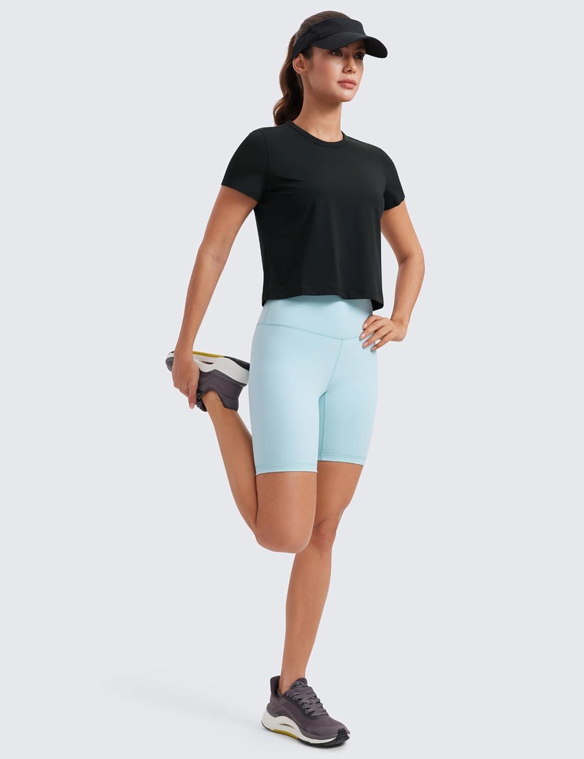 imageCRZ YOGA Womens Pima Cotton Short Sleeve Crop Tops High Neck Cropped Workout Shirts Yoga Athletic Casual TShirtBlack