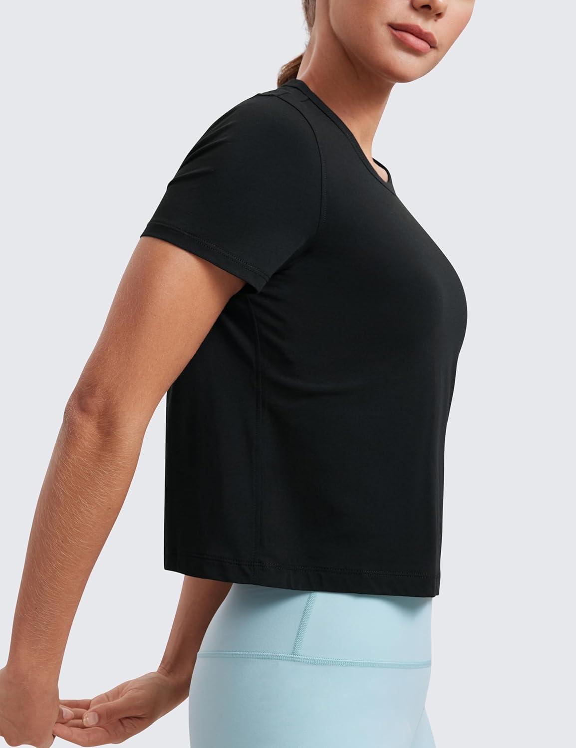 imageCRZ YOGA Womens Pima Cotton Short Sleeve Crop Tops High Neck Cropped Workout Shirts Yoga Athletic Casual TShirtBlack