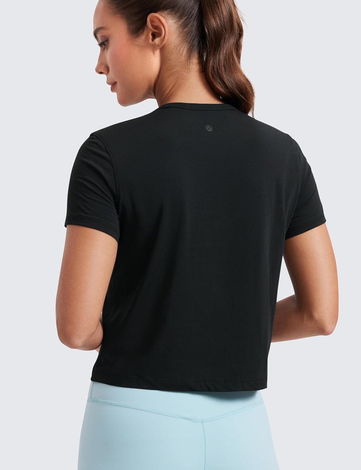 imageCRZ YOGA Womens Pima Cotton Short Sleeve Crop Tops High Neck Cropped Workout Shirts Yoga Athletic Casual TShirtBlack