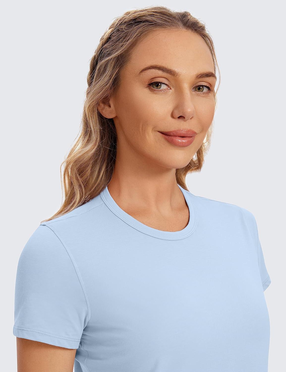 imageCRZ YOGA Womens Pima Cotton Short Sleeve Crop Tops High Neck Cropped Workout Shirts Yoga Athletic Casual TShirtBlue Linen