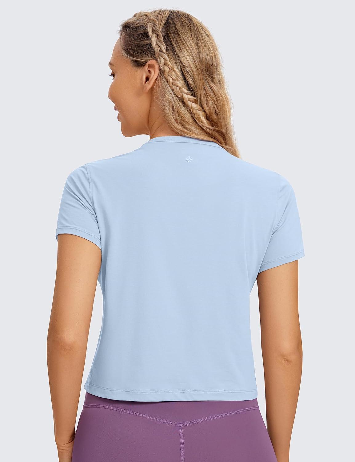 imageCRZ YOGA Womens Pima Cotton Short Sleeve Crop Tops High Neck Cropped Workout Shirts Yoga Athletic Casual TShirtBlue Linen