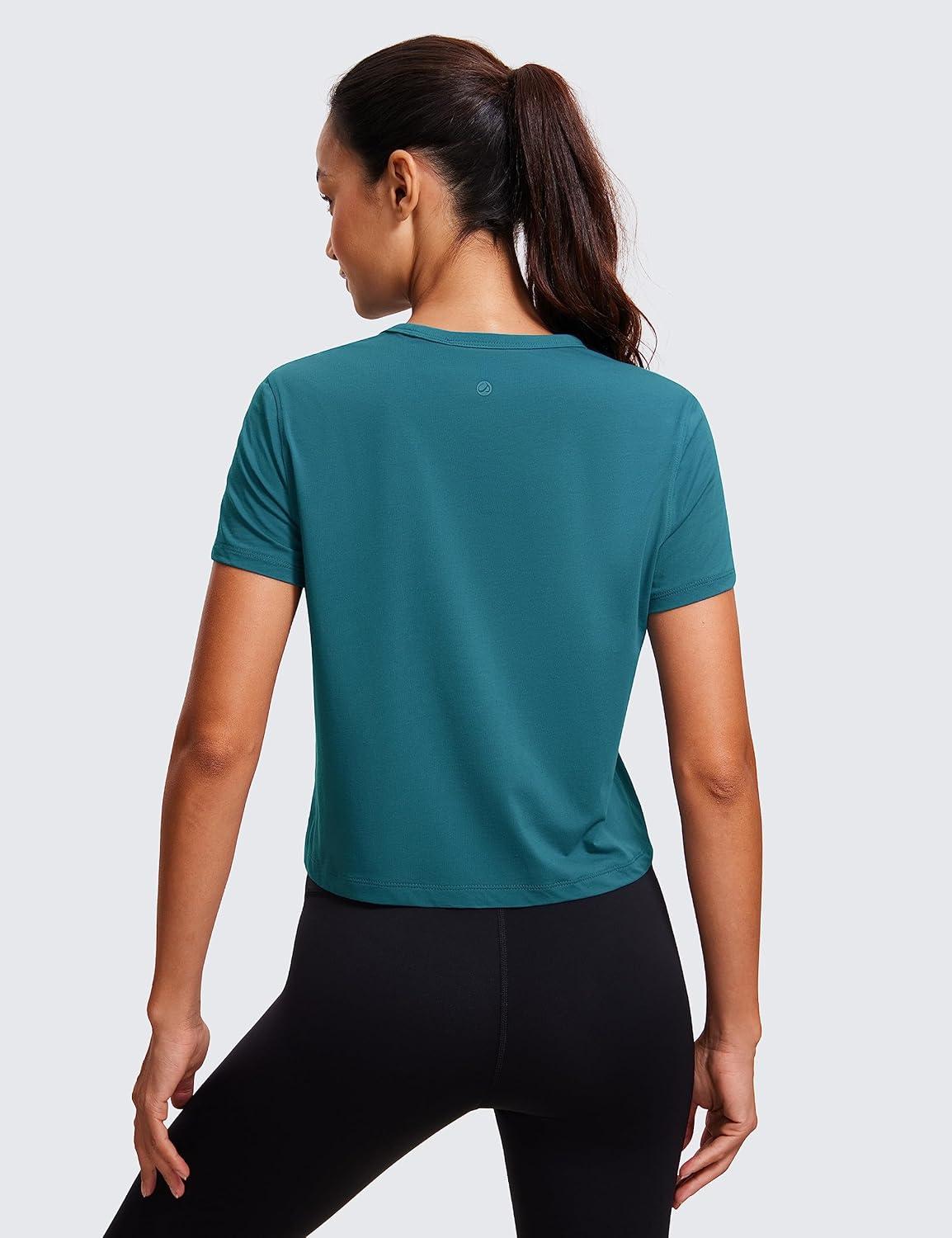 imageCRZ YOGA Womens Pima Cotton Short Sleeve Crop Tops High Neck Cropped Workout Shirts Yoga Athletic Casual TShirtBorealis Green