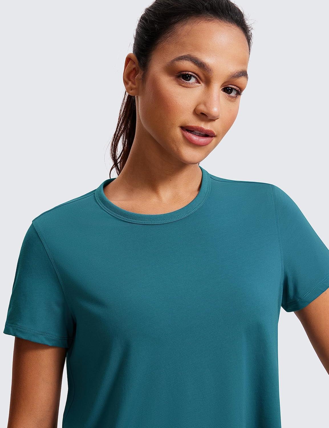 imageCRZ YOGA Womens Pima Cotton Short Sleeve Crop Tops High Neck Cropped Workout Shirts Yoga Athletic Casual TShirtBorealis Green