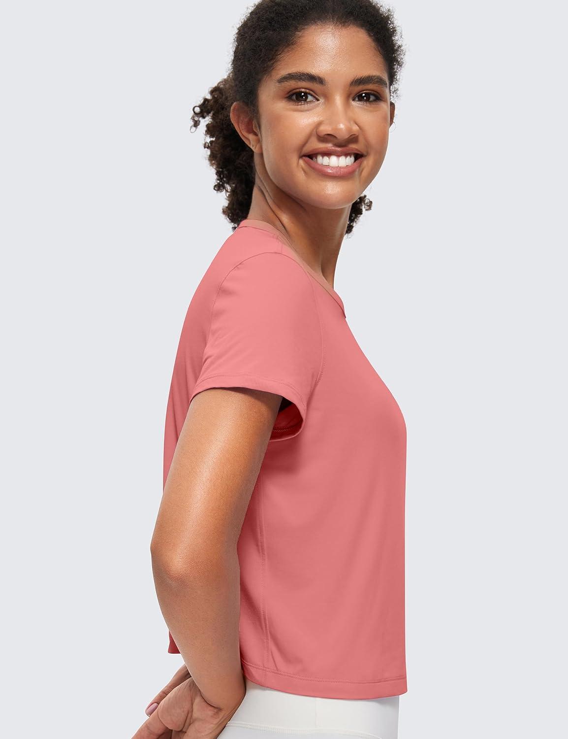 imageCRZ YOGA Womens Pima Cotton Short Sleeve Crop Tops High Neck Cropped Workout Shirts Yoga Athletic Casual TShirtBriar Rose