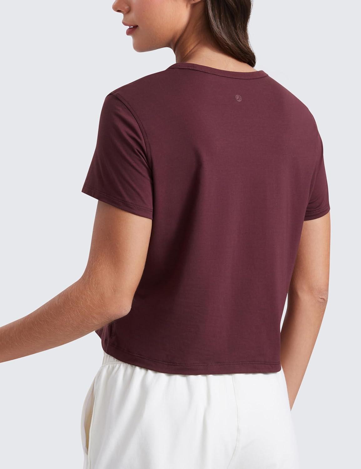 imageCRZ YOGA Womens Pima Cotton Short Sleeve Crop Tops High Neck Cropped Workout Shirts Yoga Athletic Casual TShirtDark Red