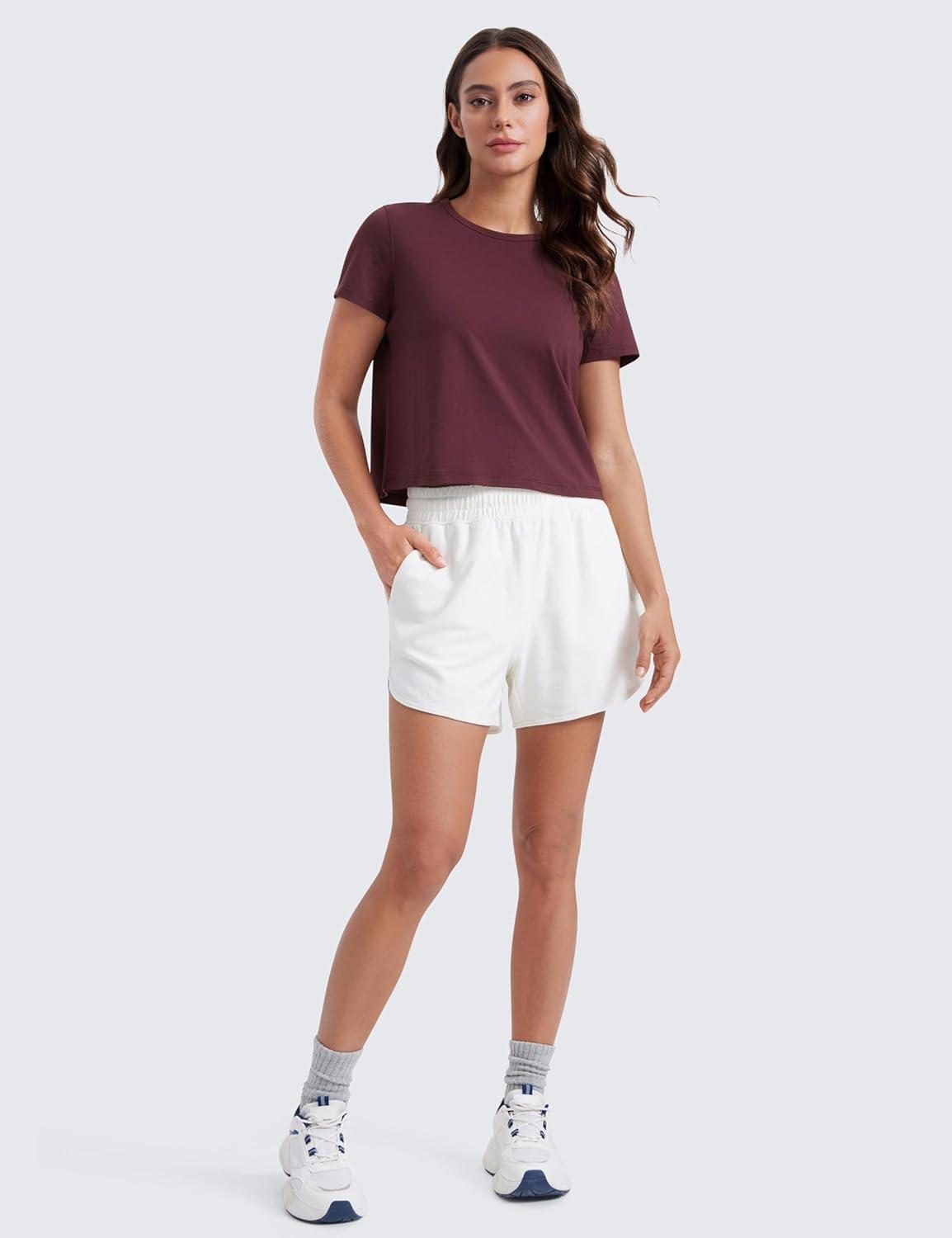 imageCRZ YOGA Womens Pima Cotton Short Sleeve Crop Tops High Neck Cropped Workout Shirts Yoga Athletic Casual TShirtDark Red