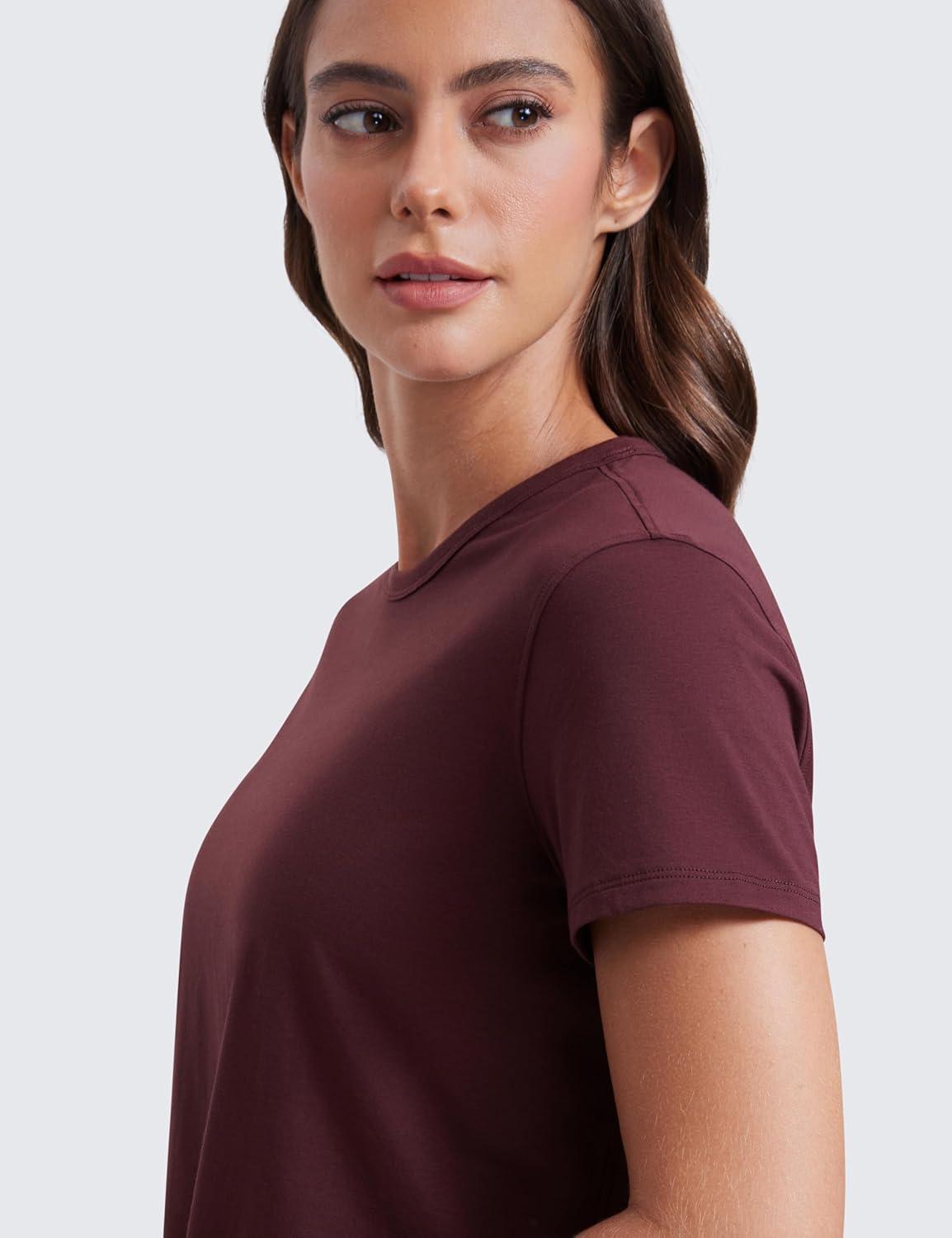imageCRZ YOGA Womens Pima Cotton Short Sleeve Crop Tops High Neck Cropped Workout Shirts Yoga Athletic Casual TShirtDark Red