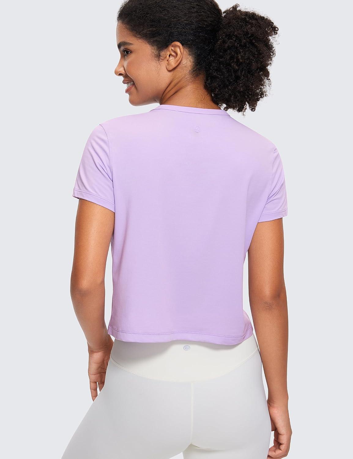 imageCRZ YOGA Womens Pima Cotton Short Sleeve Crop Tops High Neck Cropped Workout Shirts Yoga Athletic Casual TShirtElfin Purple