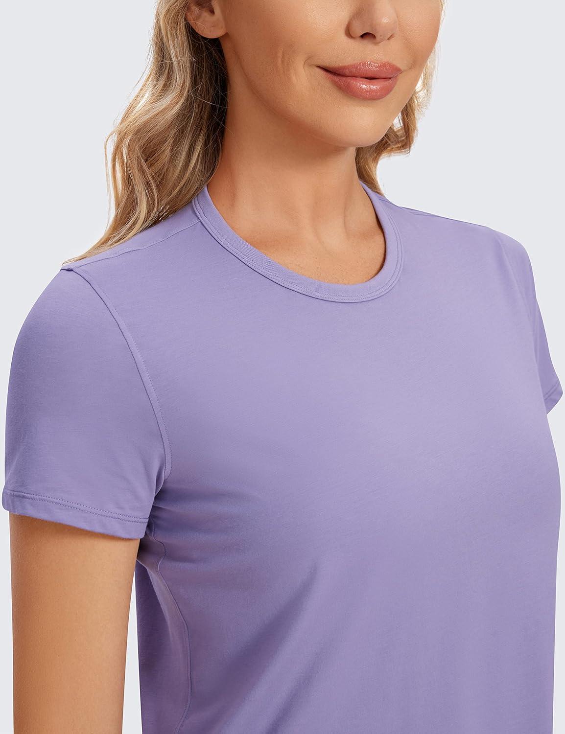 imageCRZ YOGA Womens Pima Cotton Short Sleeve Crop Tops High Neck Cropped Workout Shirts Yoga Athletic Casual TShirtLavender Gray