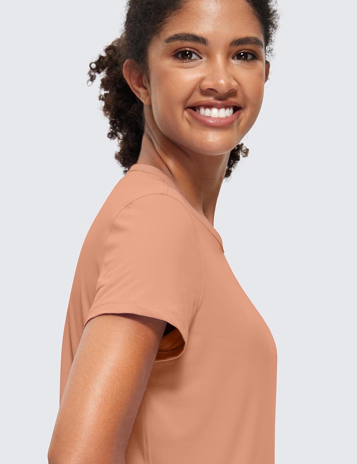 imageCRZ YOGA Womens Pima Cotton Short Sleeve Crop Tops High Neck Cropped Workout Shirts Yoga Athletic Casual TShirtMocha Mousse