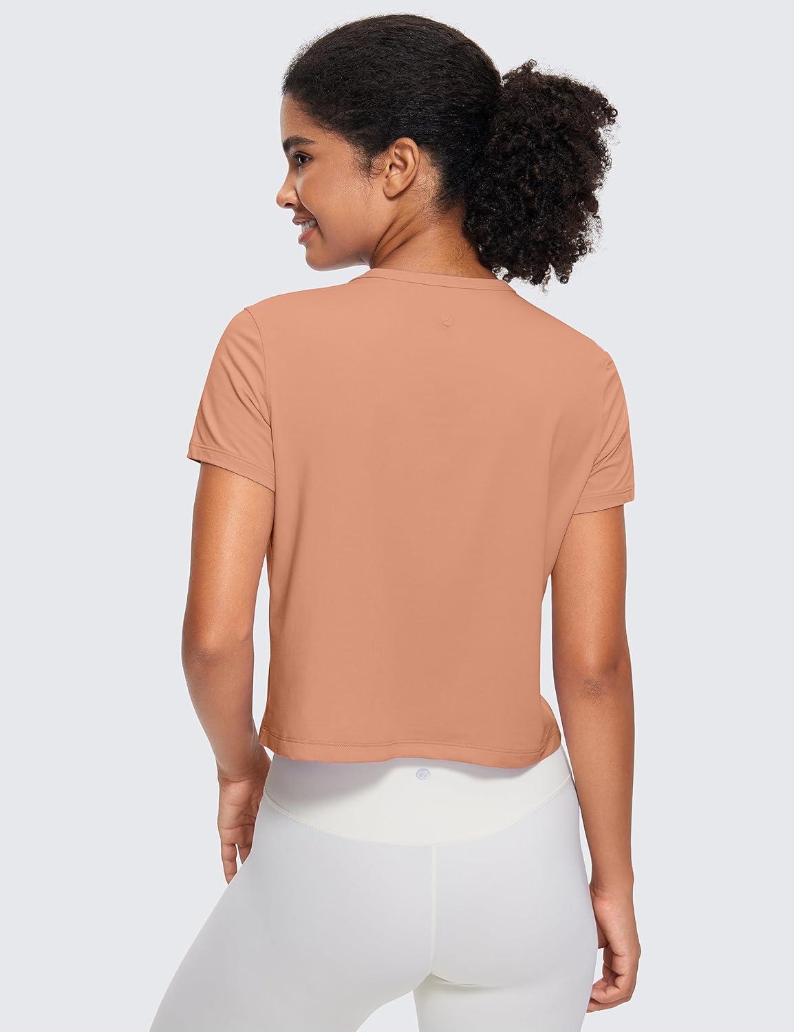 imageCRZ YOGA Womens Pima Cotton Short Sleeve Crop Tops High Neck Cropped Workout Shirts Yoga Athletic Casual TShirtMocha Mousse