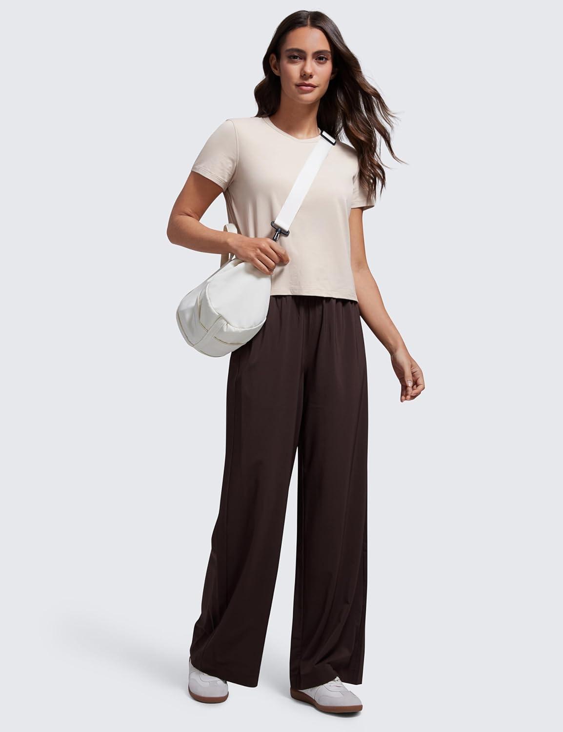 imageCRZ YOGA Womens Pima Cotton Short Sleeve Crop Tops High Neck Cropped Workout Shirts Yoga Athletic Casual TShirtMojave Tan