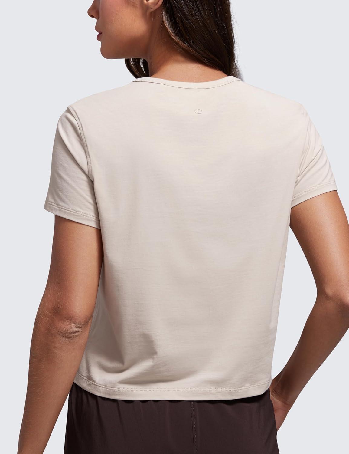 imageCRZ YOGA Womens Pima Cotton Short Sleeve Crop Tops High Neck Cropped Workout Shirts Yoga Athletic Casual TShirtMojave Tan
